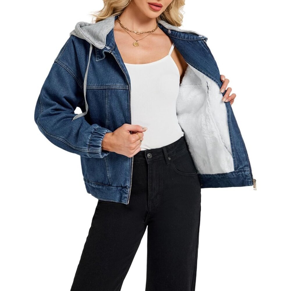 Women’s Oversized Denim Jacket Hoodie Sherpa Lined Casual Streetwear Winter